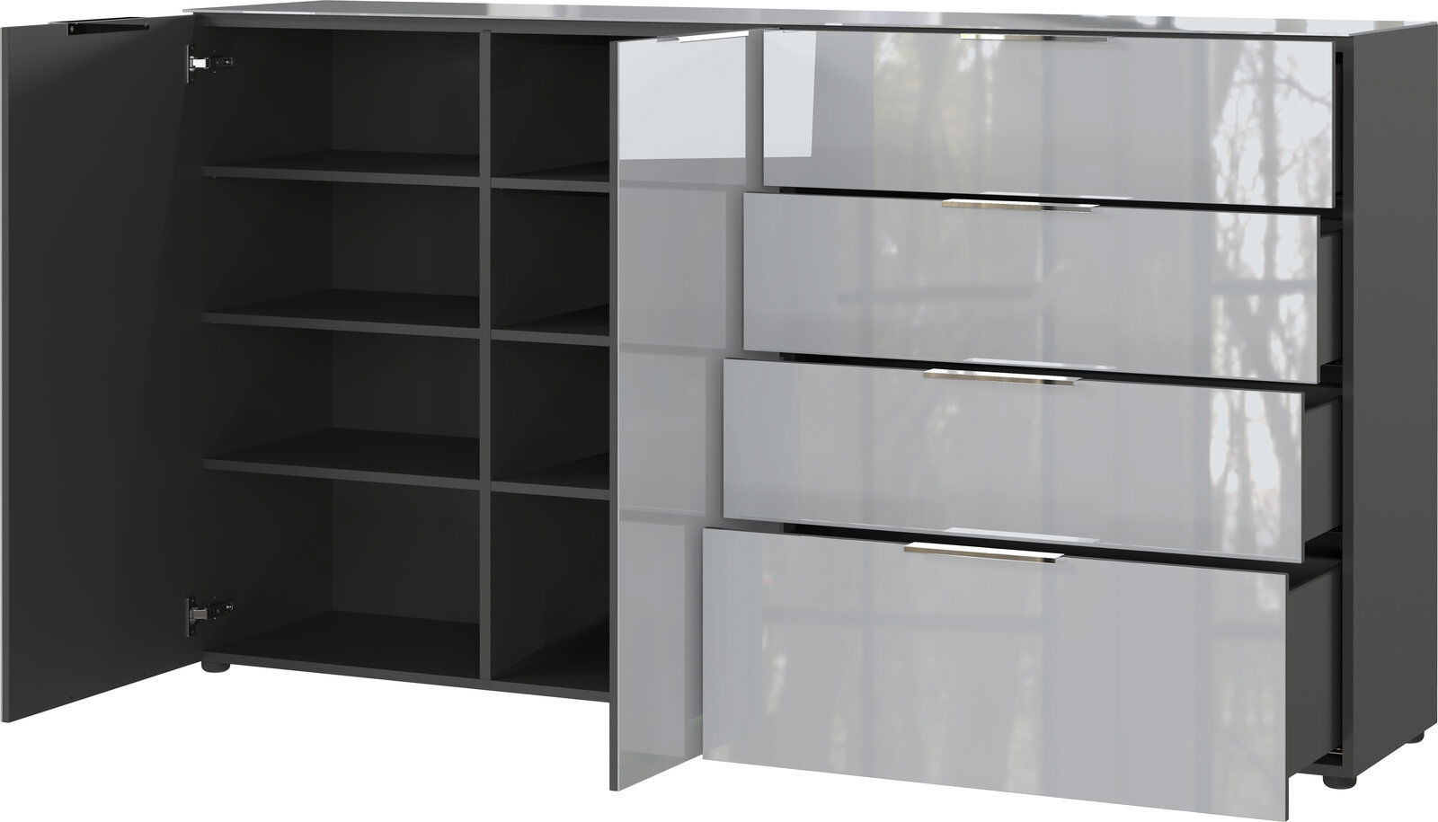 XL-Sideboard mit geöffneten Schubladen und Türen, seitliche Perspektive