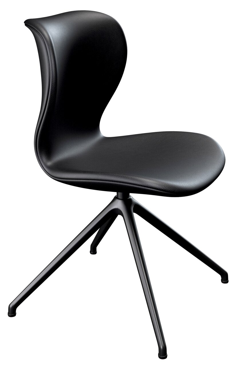 Voglauer Stuhl V-ROCK Moderner schwarzer Stuhl Voglauer V-ROCK mit geschwungener Rückenlehne und vierbeiniger Metallbasis, seitliche Perspektive.