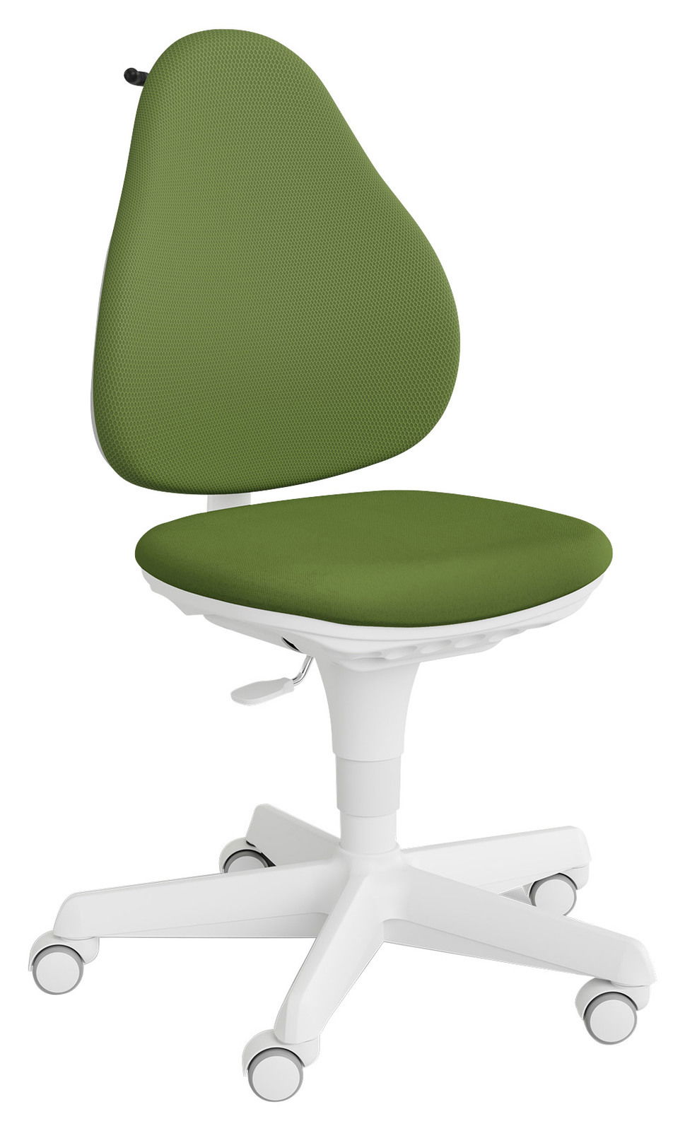 Grüner Jugenddrehstuhl mit weißem Gestell, seitliche Perspektive