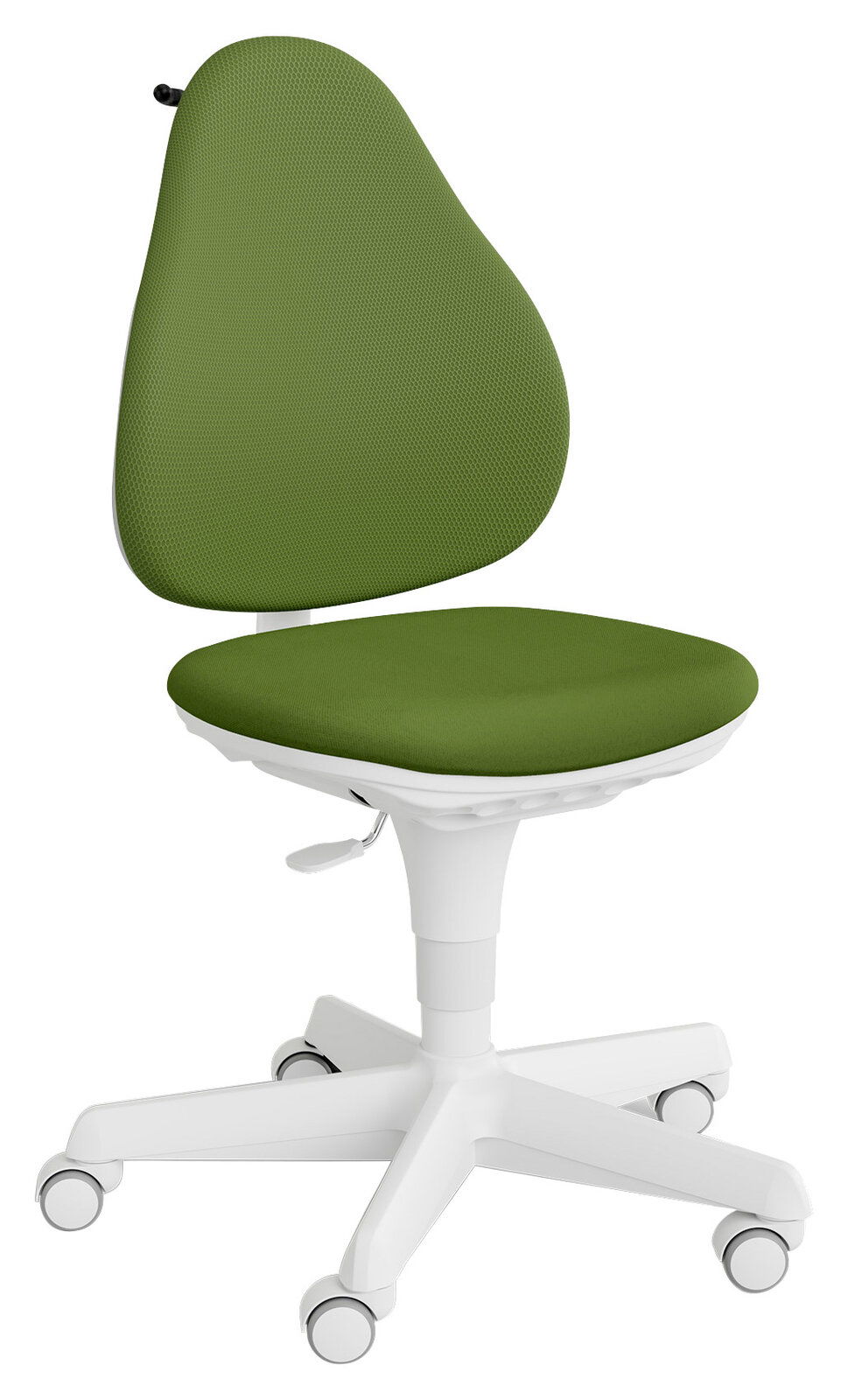 Grüner Jugenddrehstuhl mit weißem Gestell, seitliche Perspektive