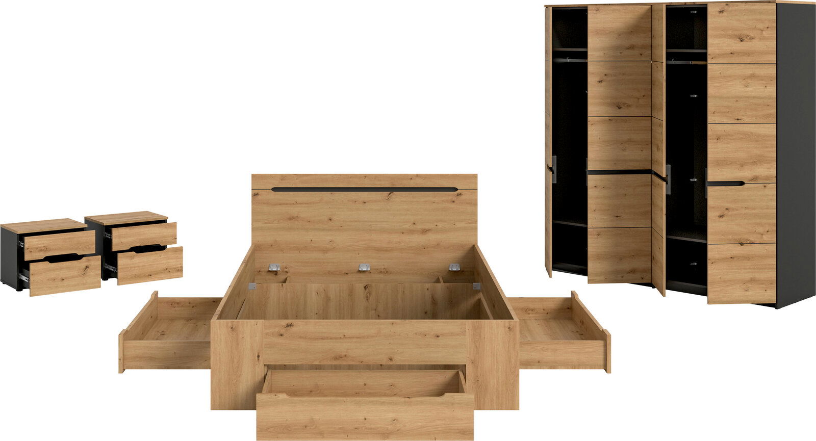 Schlafzimmermöbel-Set in Eiche-Optik mit anthrazitfarbenen Akzenten: Bett mit Stauraum und ausgezogenen Schubladen, zwei Nachttische mit Schubladen sowie Kleiderschrank mit geöffneten Türen; Perspektive: frontale Ansicht.