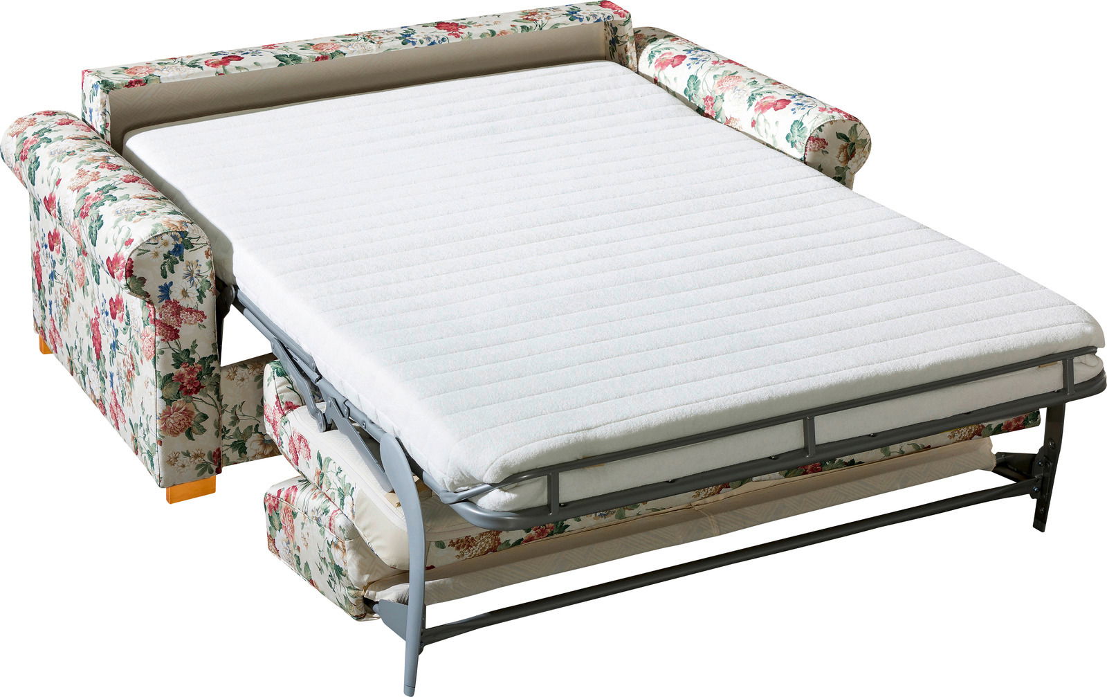 Funktionssofa mit floralem Muster, ausgeklappt als Bett, seitliche Perspektive