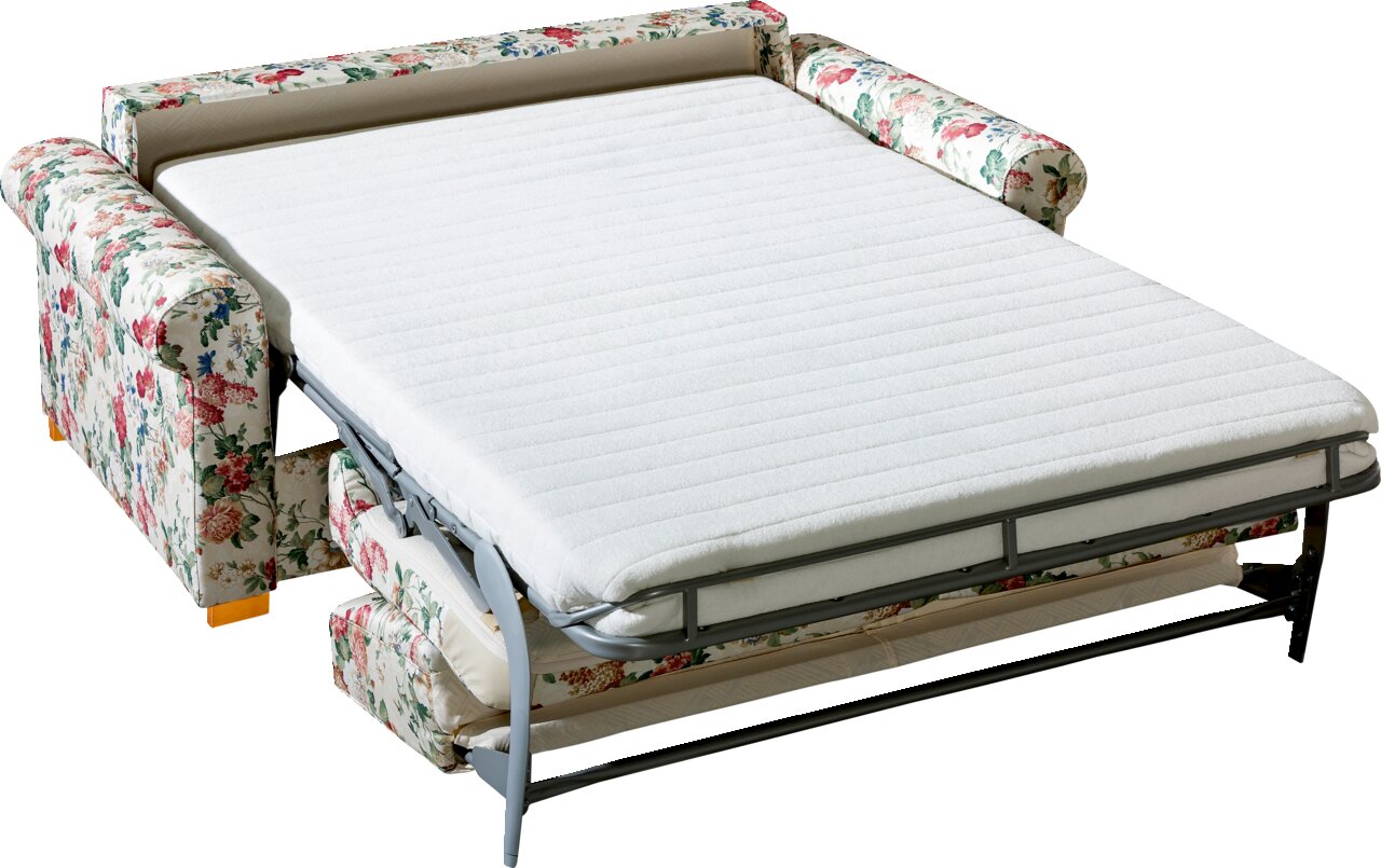 Novel Schlafsofa BRUTUS Funktionssofa mit floralem Muster, ausgeklappt als Bett, seitliche Perspektive