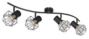 Schwarzer Metallstrahler mit vier verstellbaren Lampen in geometrischen Käfigen, seitliche Perspektive