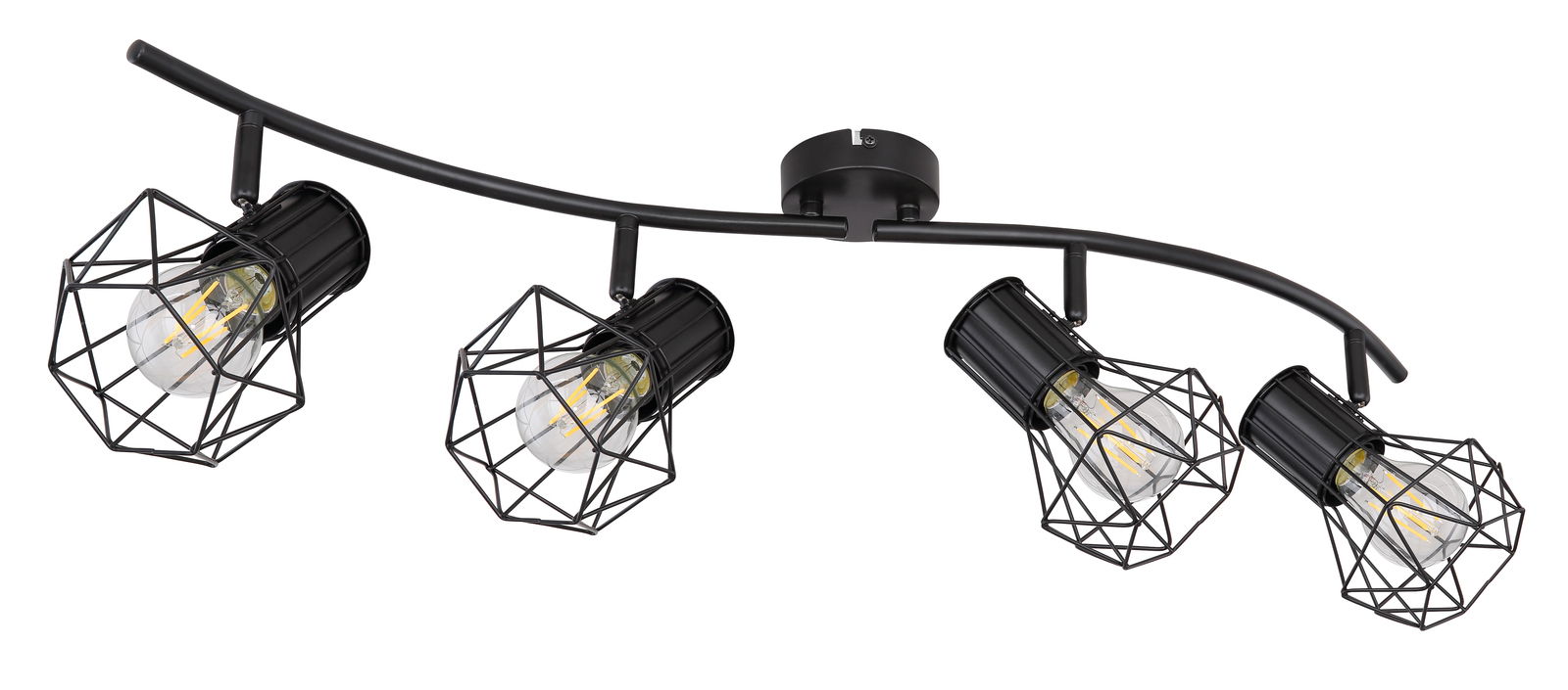 Schwarzer Metallstrahler mit vier verstellbaren Lampen in geometrischen Käfigen, seitliche Perspektive