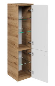 Midischrank mit Holzeffekt und weißen Türen, geöffnete Perspektive