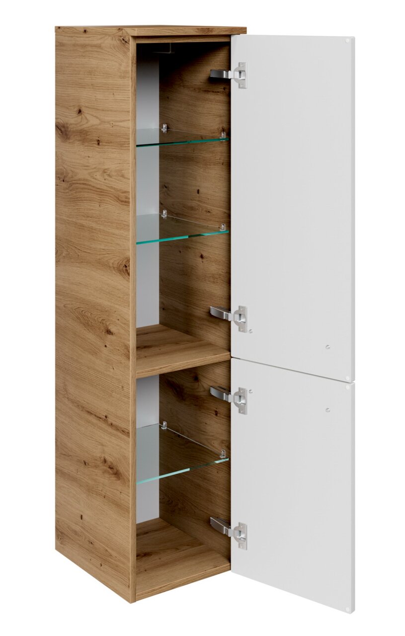 Midischrank mit Holzeffekt und weißen Türen, geöffnete Perspektive