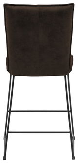 Rückansicht eines Barstuhls mit brauner Polsterung und schwarzen Metallbeinen.