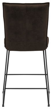 Rückansicht eines Barstuhls mit brauner Polsterung und schwarzen Metallbeinen.