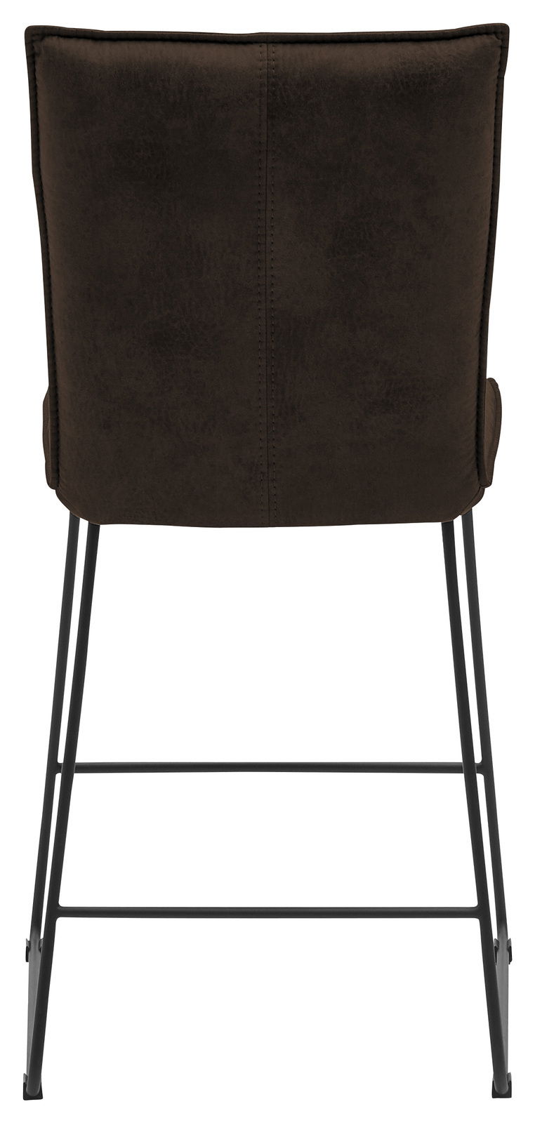 Rückansicht eines Barstuhls mit brauner Polsterung und schwarzen Metallbeinen.
