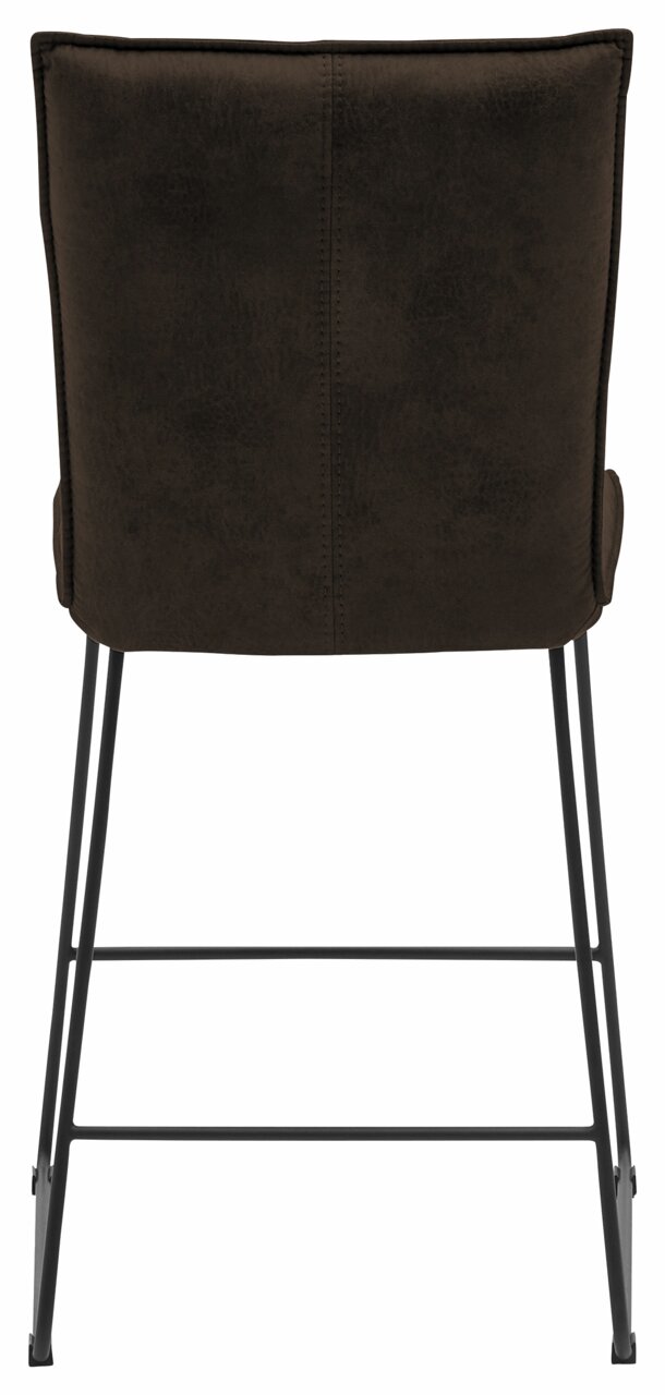 Rückansicht eines Barstuhls mit brauner Polsterung und schwarzen Metallbeinen.