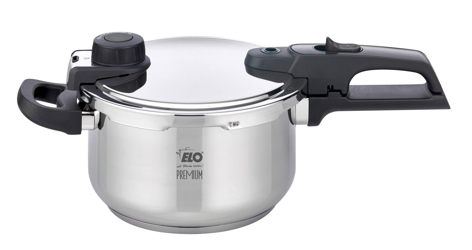 Schnellkochtopf Mistra aus Edelstahl mit schwarzem Griff, seitliche Perspektive