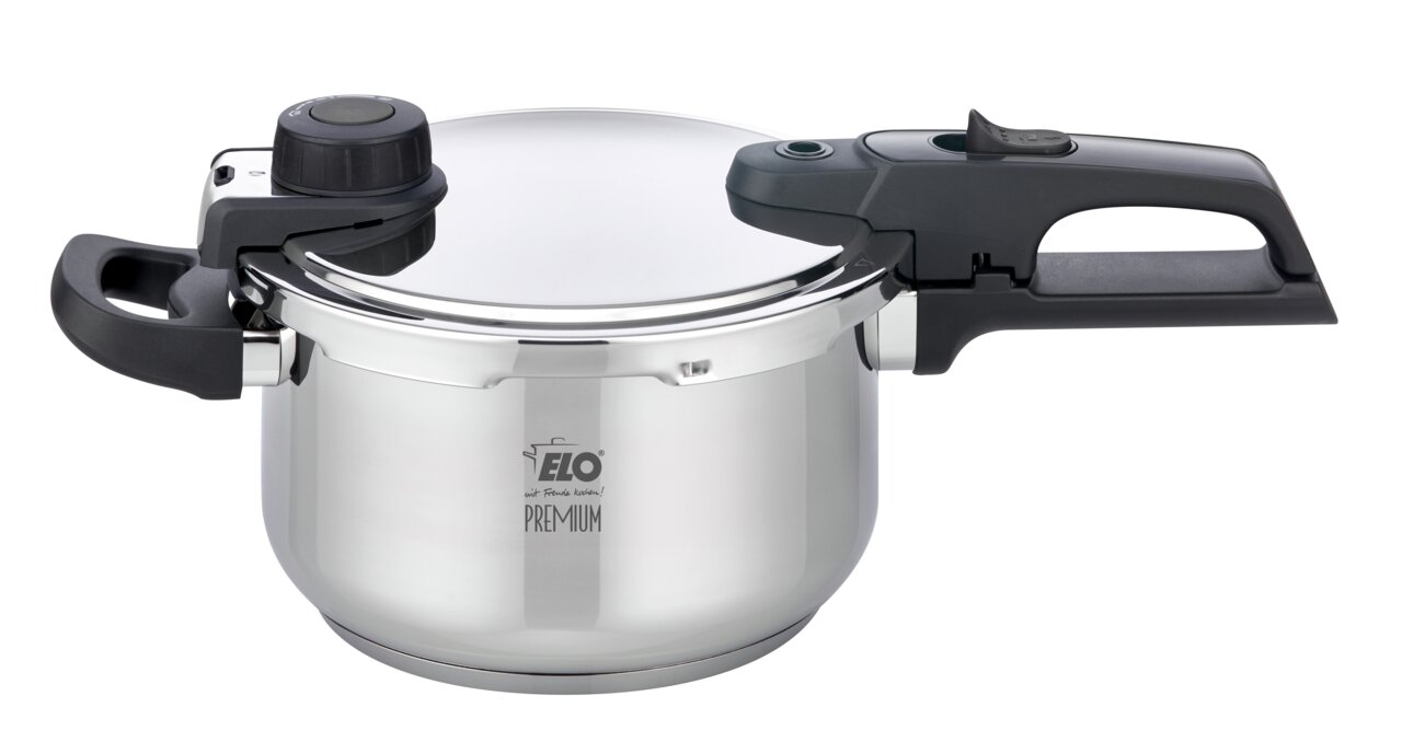 Schnellkochtopf Mistra aus Edelstahl mit schwarzem Griff, seitliche Perspektive