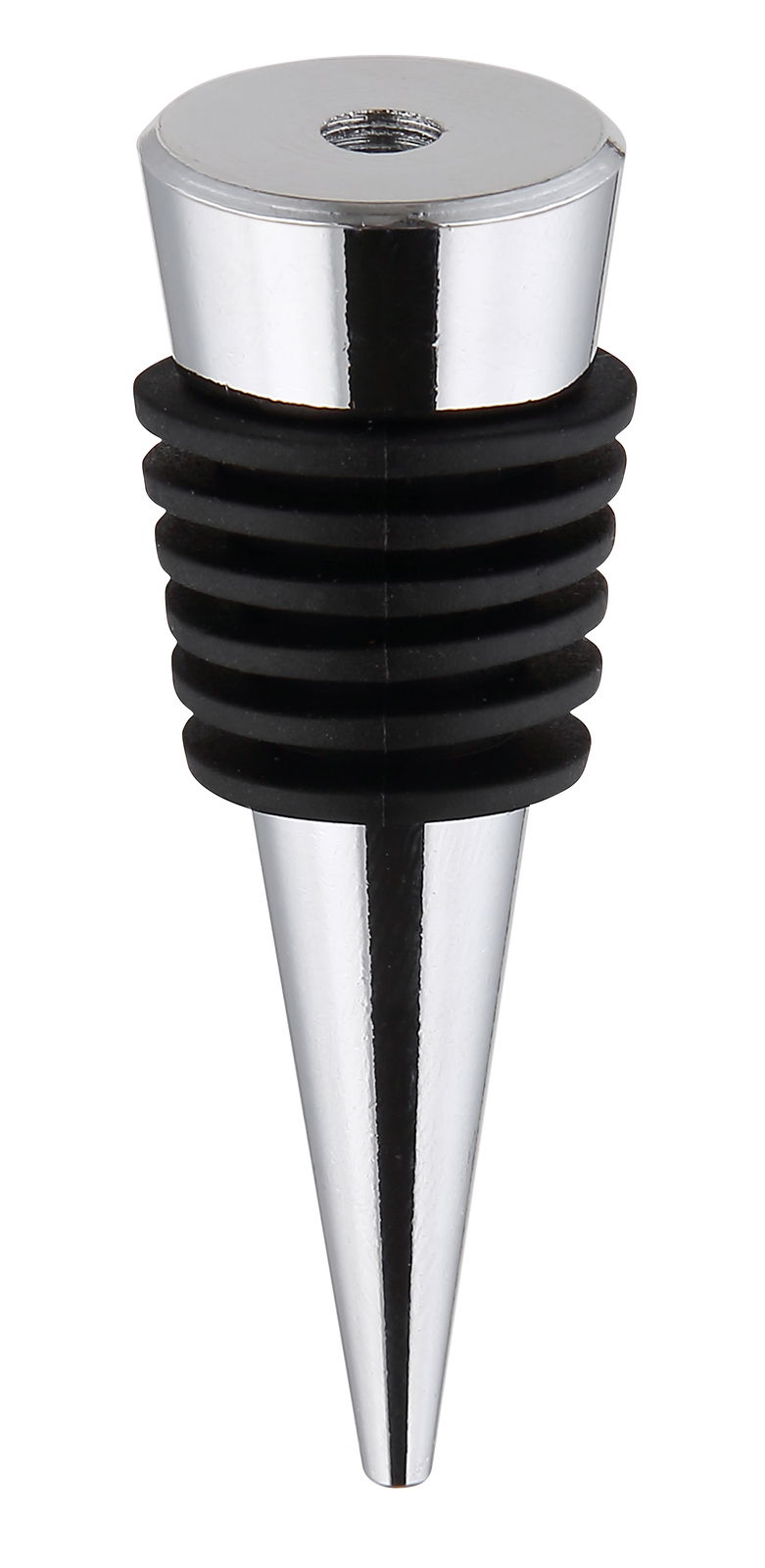 Nahaufnahme eines metallischen Flaschenverschlusses mit konischer Form und schwarzen Gummiringen.