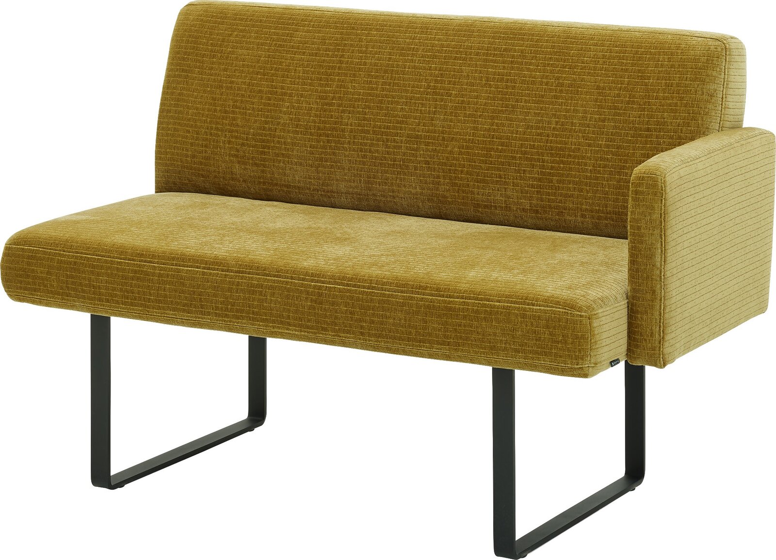 Gelbe Bank mit rechter Armlehne, seitliche Perspektive
