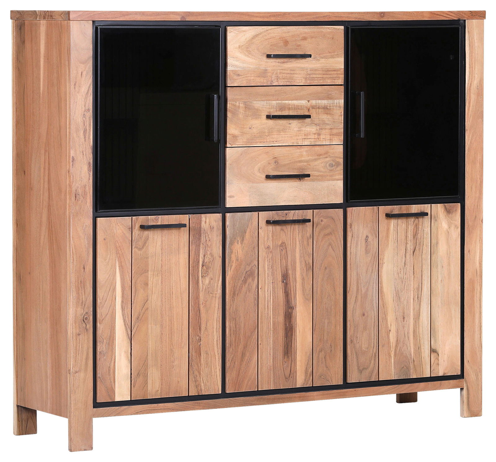 Landscape Highboard AKAZIO Hochwertiges Highboard aus Holz mit schwarzem Glas, drei Schubladen und mehreren Türen, seitliche Perspektive.