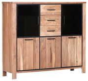 Hochwertiges Highboard aus Holz mit schwarzem Glas, drei Schubladen und mehreren Türen, seitliche Perspektive.