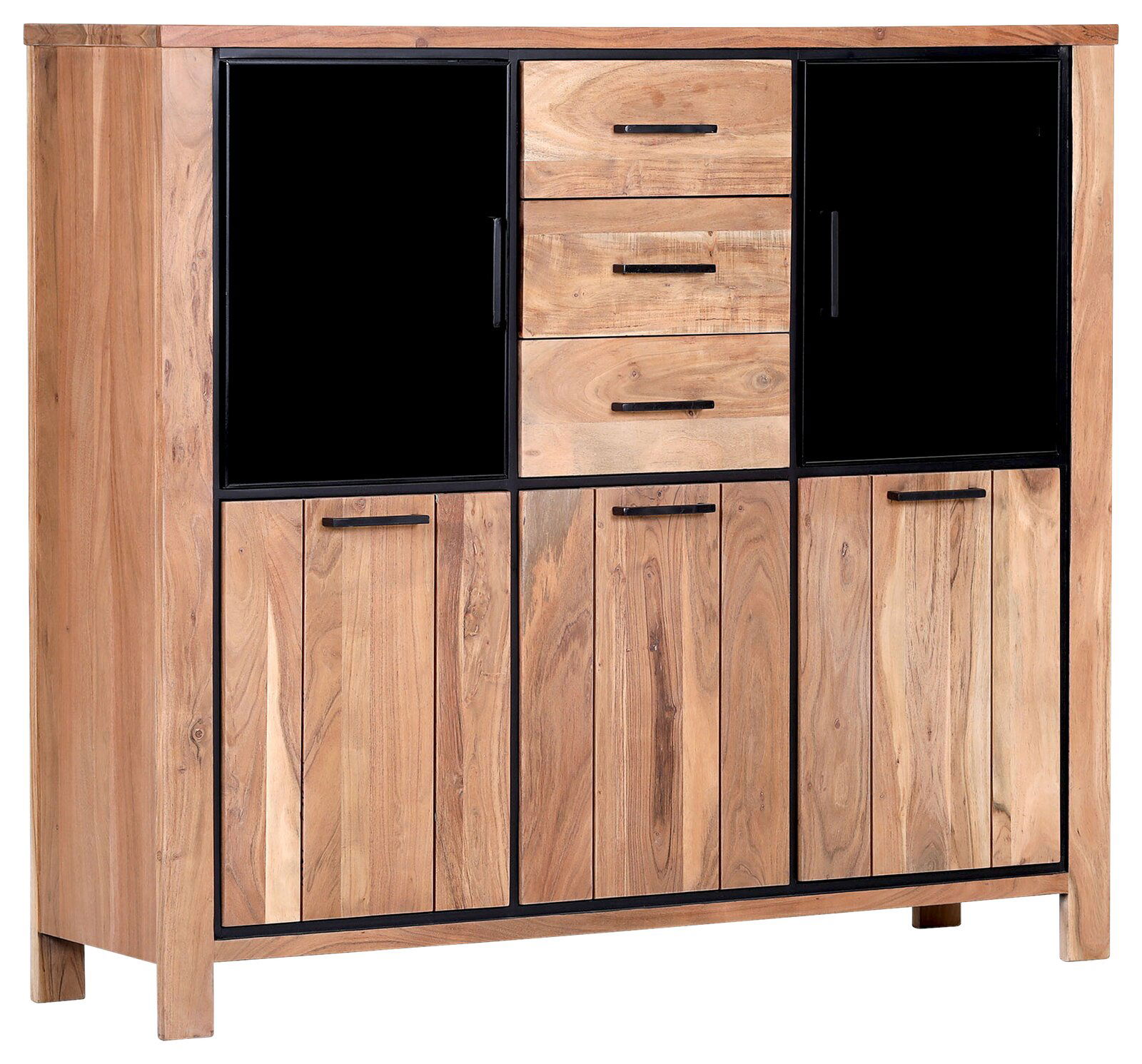 Landscape Highboard AKAZIO Hochwertiges Highboard aus Holz mit schwarzem Glas, drei Schubladen und mehreren Türen, seitliche Perspektive.