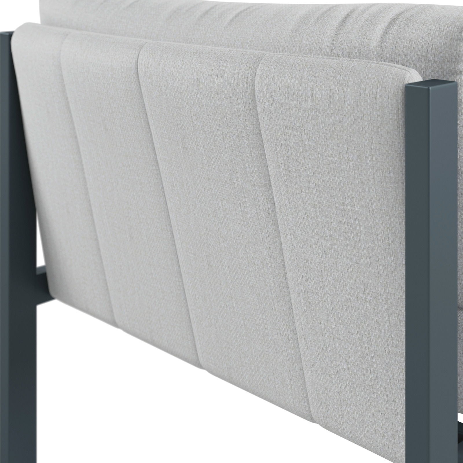 Rückansicht eines Lounge-Sofas mit linkem Armteil, grauer Stoffbezug und dunkelgrauem Metallrahmen.