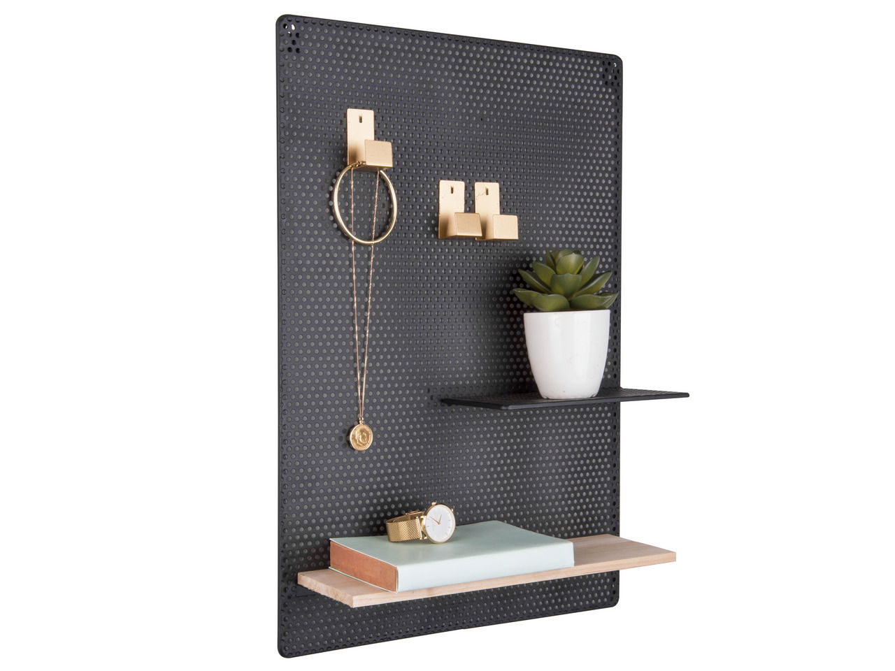 Schwarzes Memo-Board mit goldenen Haken, einem Regal mit Pflanze und einem Regal mit Büchern und Uhr, seitliche Perspektive