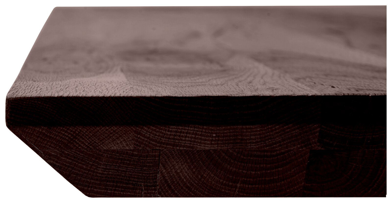 Waldwelt Tischplatte CHALET-PALAZZO Nahaufnahme einer Tischplatte aus Holz mit sichtbarer Maserung und abgeschrägter Kante, seitliche Perspektive.