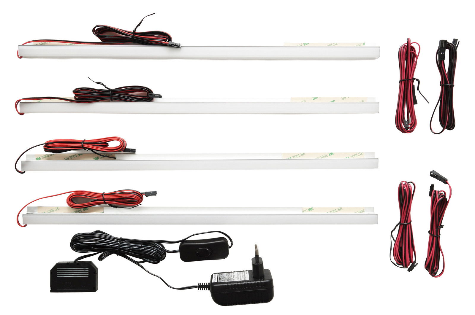 LED-Rückwandbeleuchtung Set mit vier Leisten, Kabeln und Netzteil, Ansicht von oben