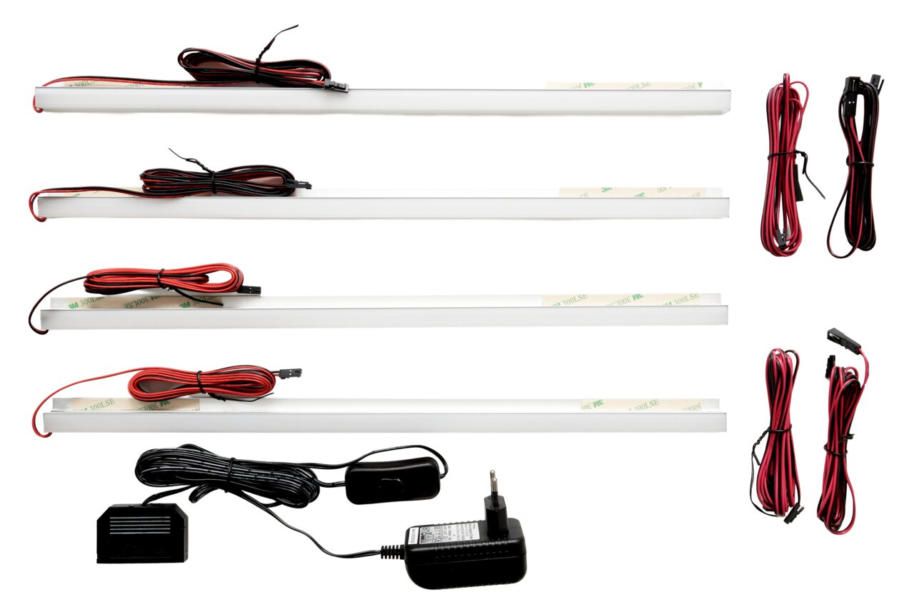 LED-Rückwandbeleuchtung Set mit vier Leisten, Kabeln und Netzteil, Ansicht von oben