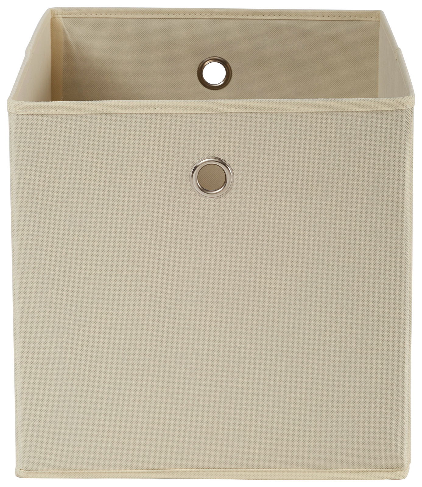 Beige Stoffbox mit Metallösen, frontal fotografiert