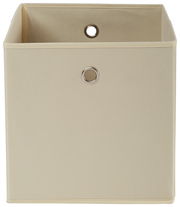 Beige Stoffbox mit Metallösen, frontal fotografiert