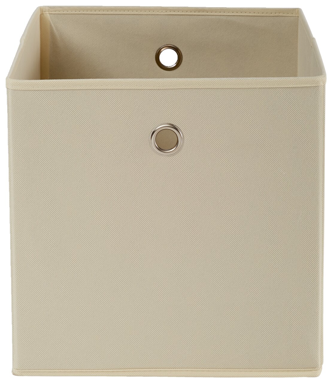 Beige Stoffbox mit Metallösen, frontal fotografiert