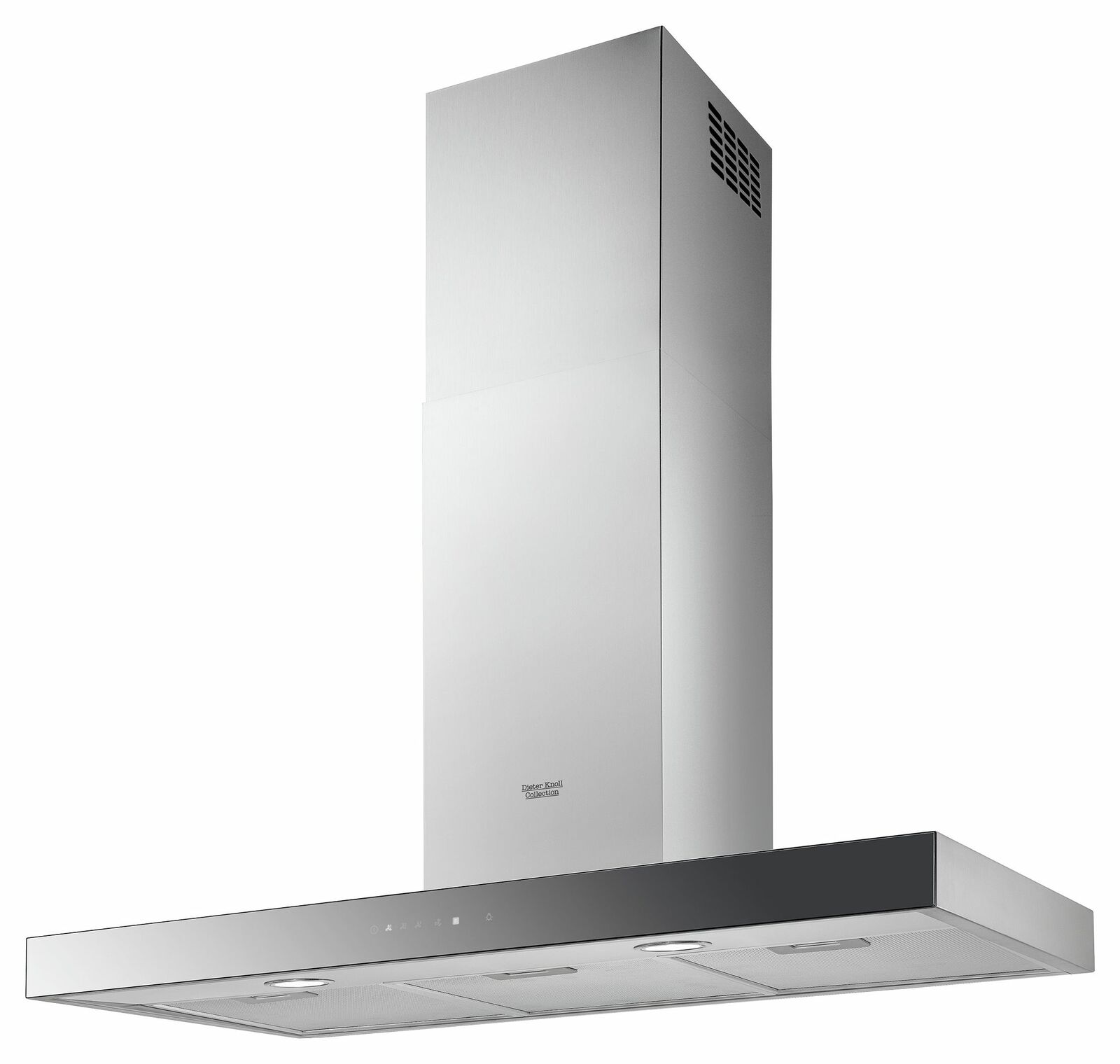 Moderne Edelstahl-Wandhaube in seitlicher Perspektive
