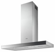 Moderne Edelstahl-Wandhaube in seitlicher Perspektive