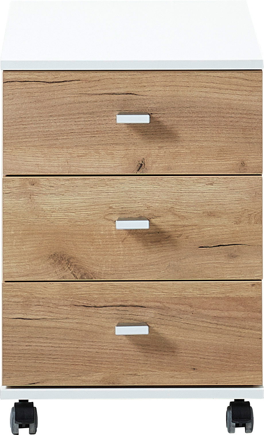 Rollcontainer mit drei Schubladen in Holzoptik, auf Rollen, Frontalansicht