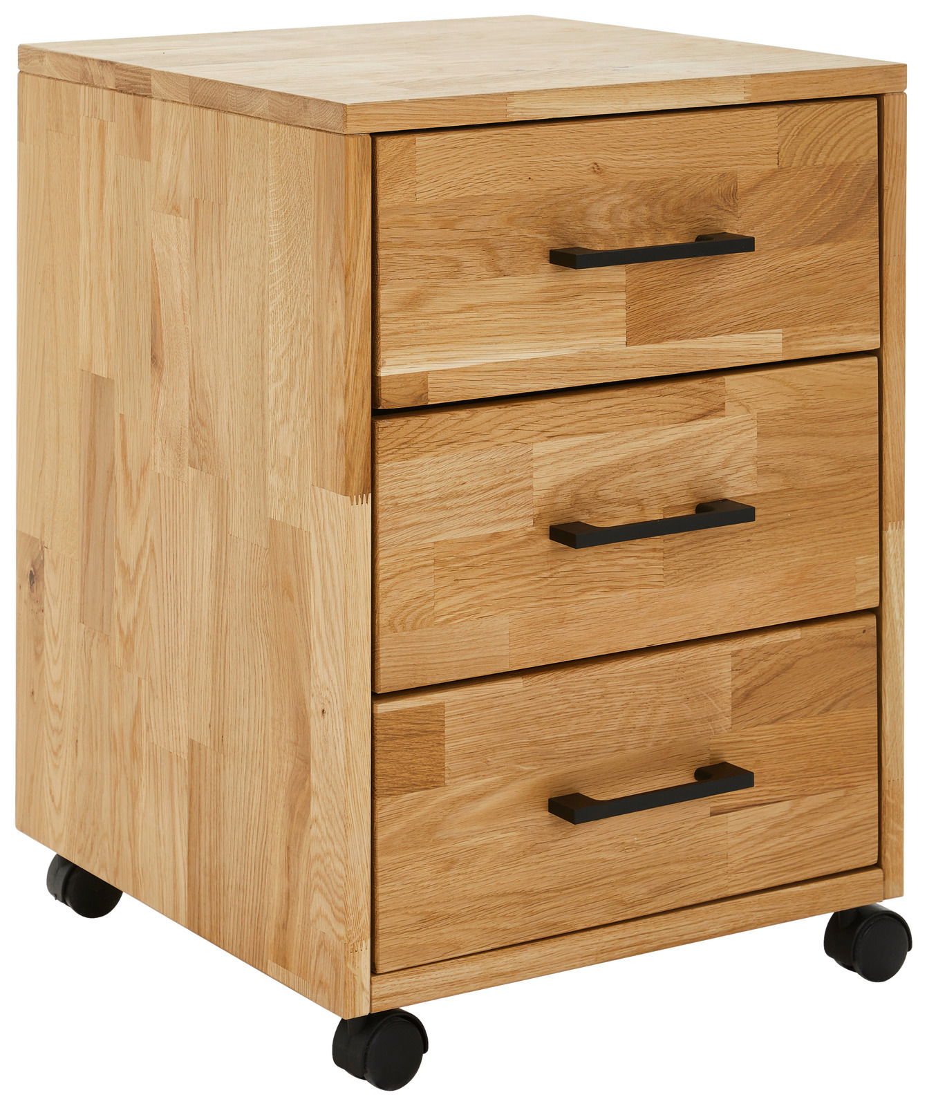 Linea Natura Rollcontainer MARCO Rollcontainer aus Holz mit drei Schubladen und schwarzen Griffen, auf Rollen, Perspektive von vorne links