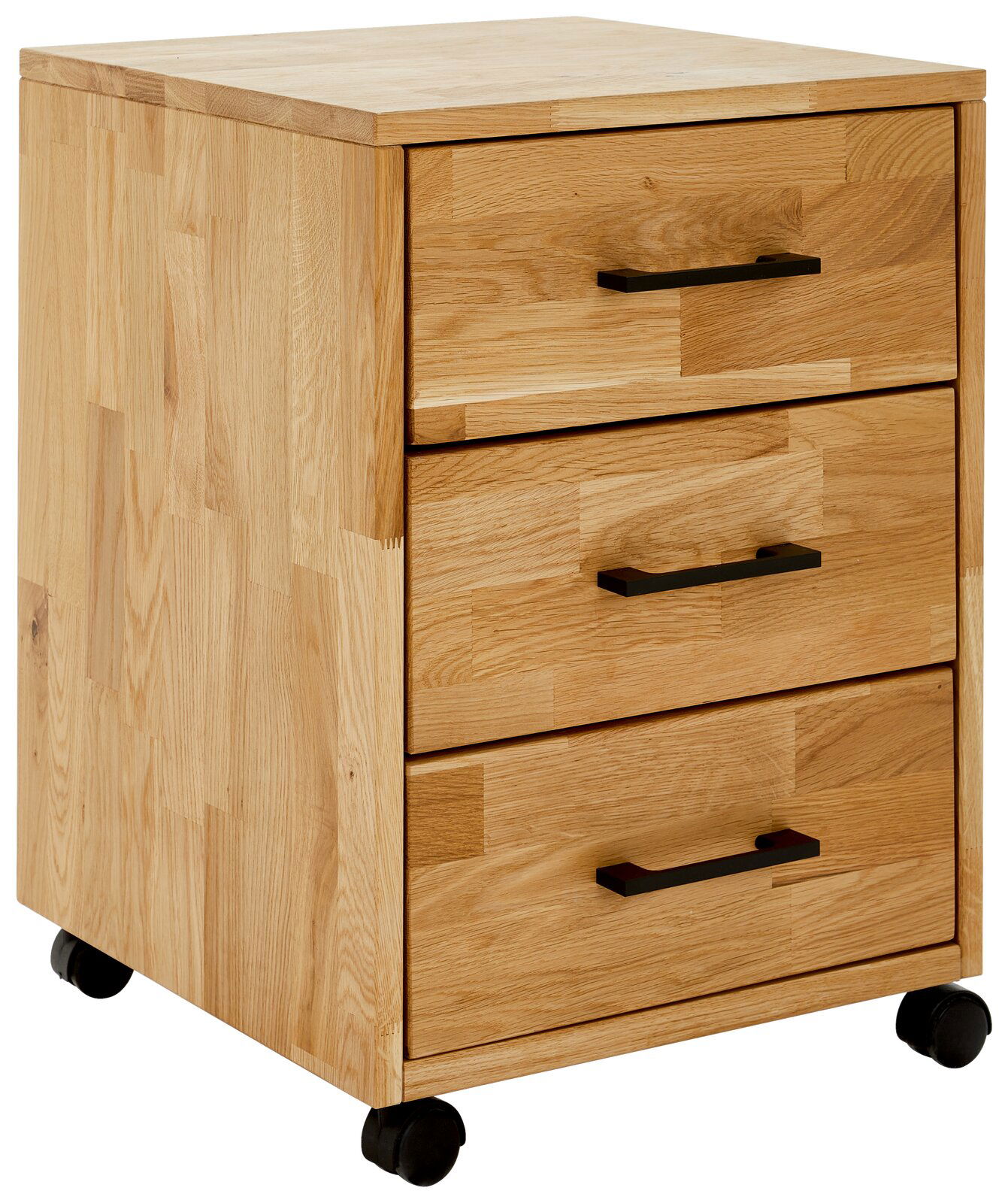 Linea Natura Rollcontainer MARCO Rollcontainer aus Holz mit drei Schubladen und schwarzen Griffen, auf Rollen, Perspektive von vorne links