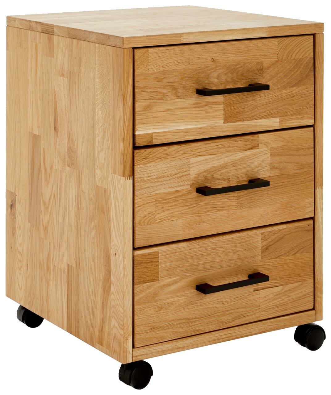 Linea Natura Rollcontainer MARCO Rollcontainer aus Holz mit drei Schubladen und schwarzen Griffen, auf Rollen, Perspektive von vorne links