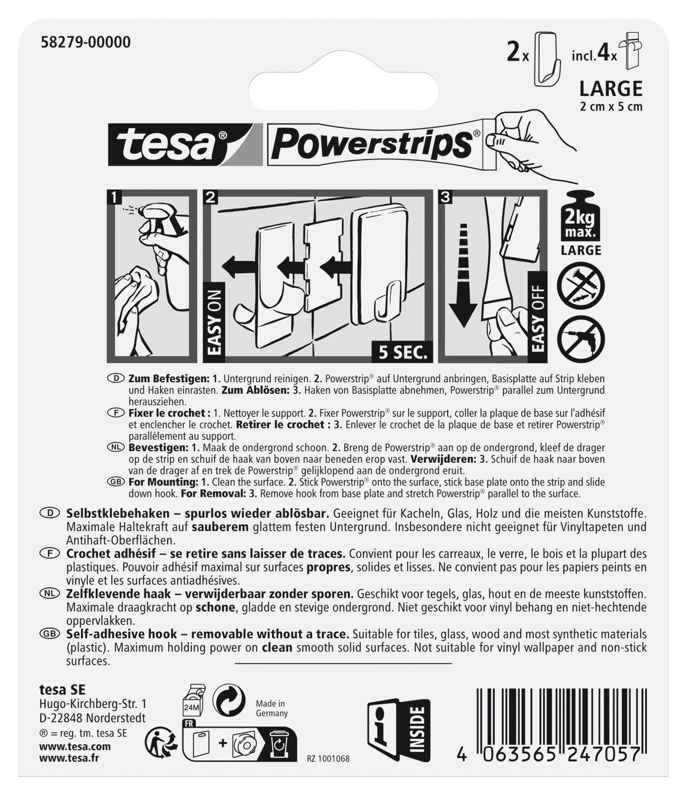 Verpackung der tesa Powerstrips Haken L Ecki, Vorderansicht, zeigt Anweisungen zur Befestigung und Entfernung, geeignet für glatte Oberflächen, maximale Tragkraft 2 kg.