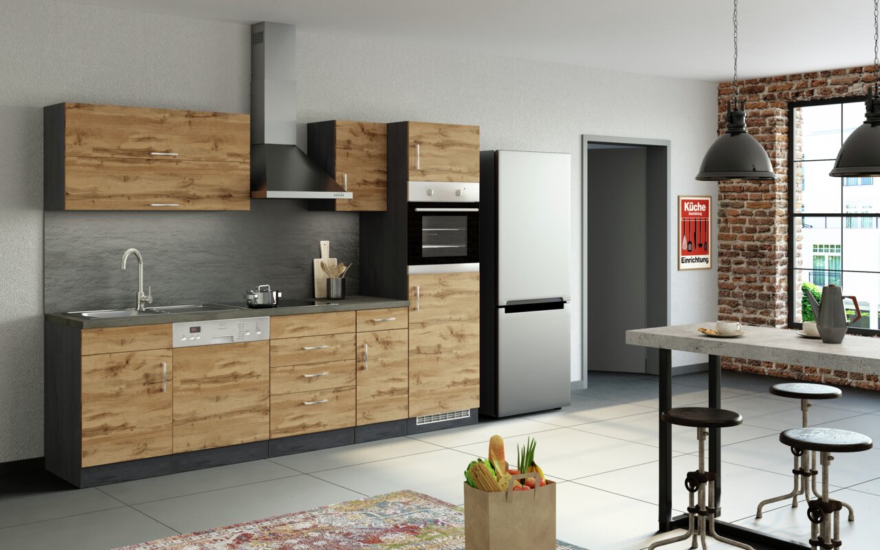Moderne keukenblok in houtlook met ingebouwde vaatwasser, fornuis en koelkast, zijaanzicht.
