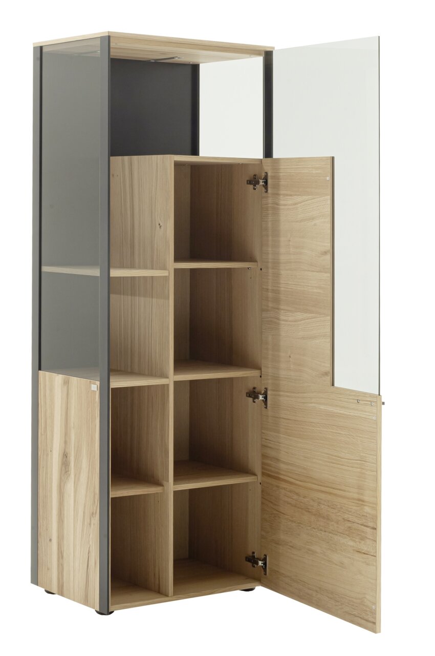 Offenes Highboard aus Holz mit mehreren Fächern, seitliche Perspektive