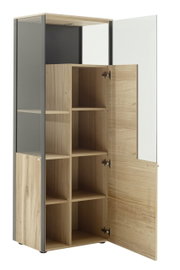 Open houten dressoir met meerdere vakken, zijaanzicht