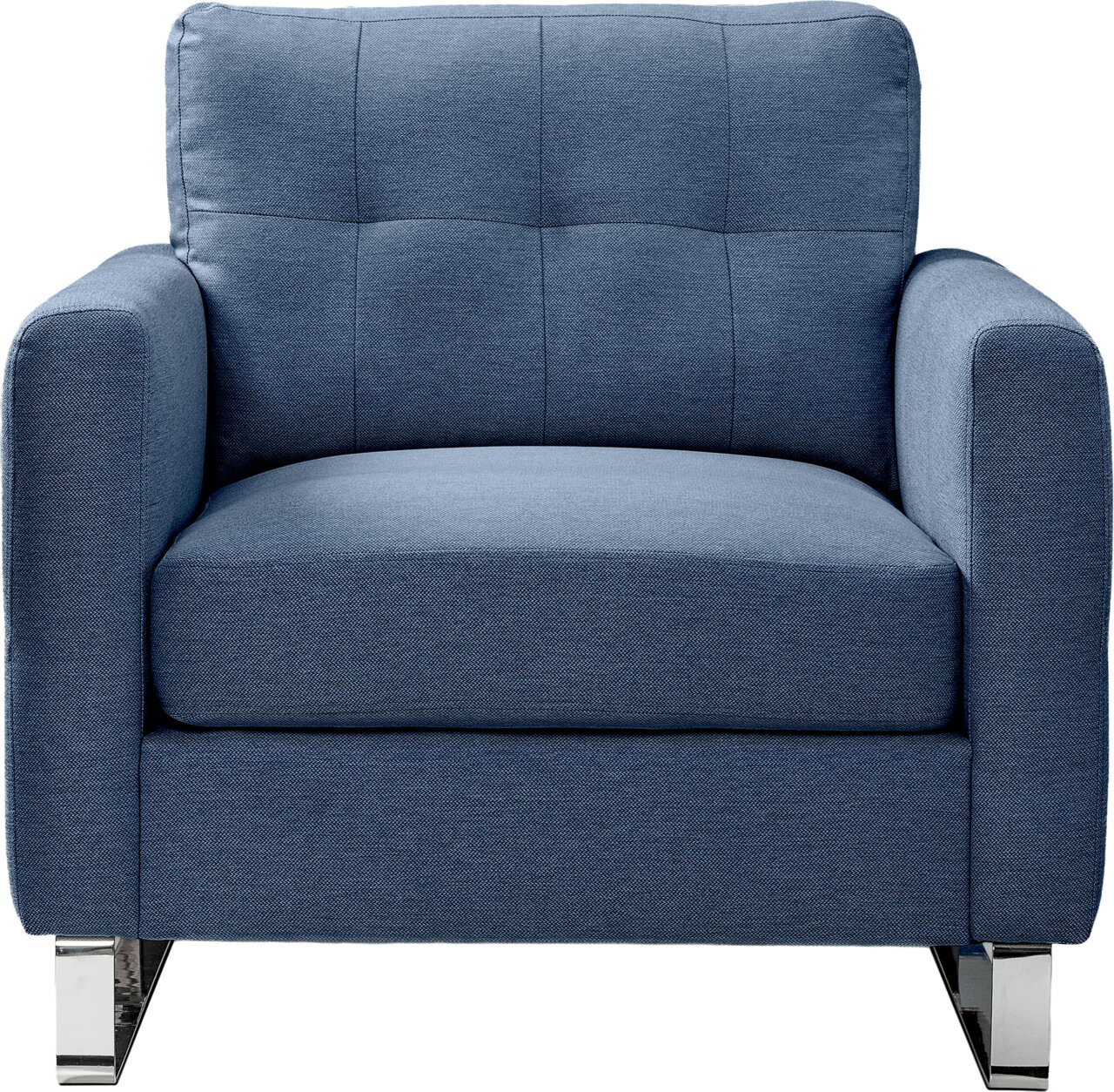 Blauer, gepolsterter Stoff-Sessel mit breiten Armlehnen, gesteppter Rückenlehne und verchromten Füßen, frontal von vorne freigestellt auf weißem Hintergrund.