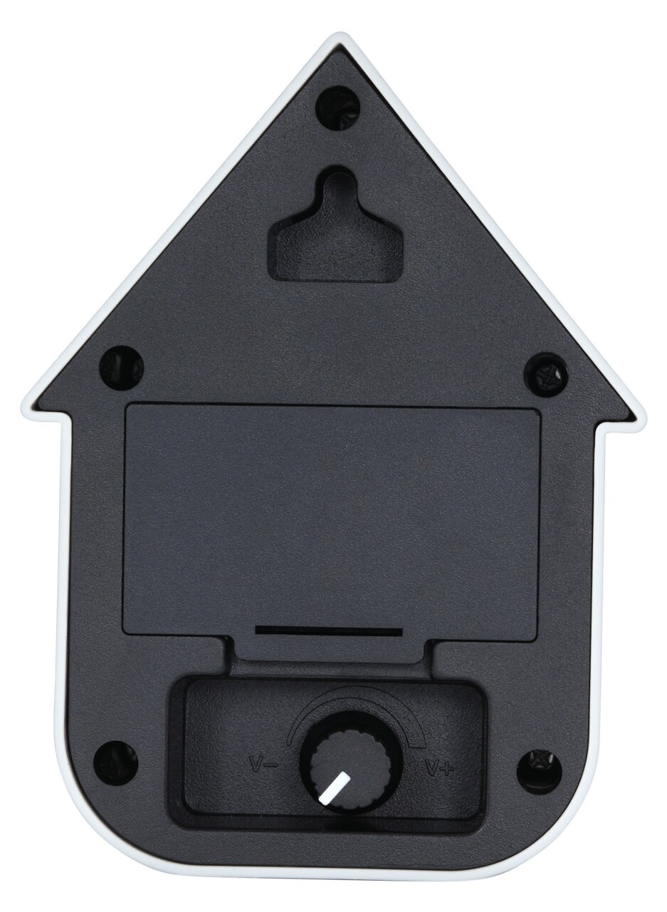 Rückansicht einer modernen roten Ocker-Soundbox in Form eines Hauses mit Lautstärkeregler und Aufhängung.