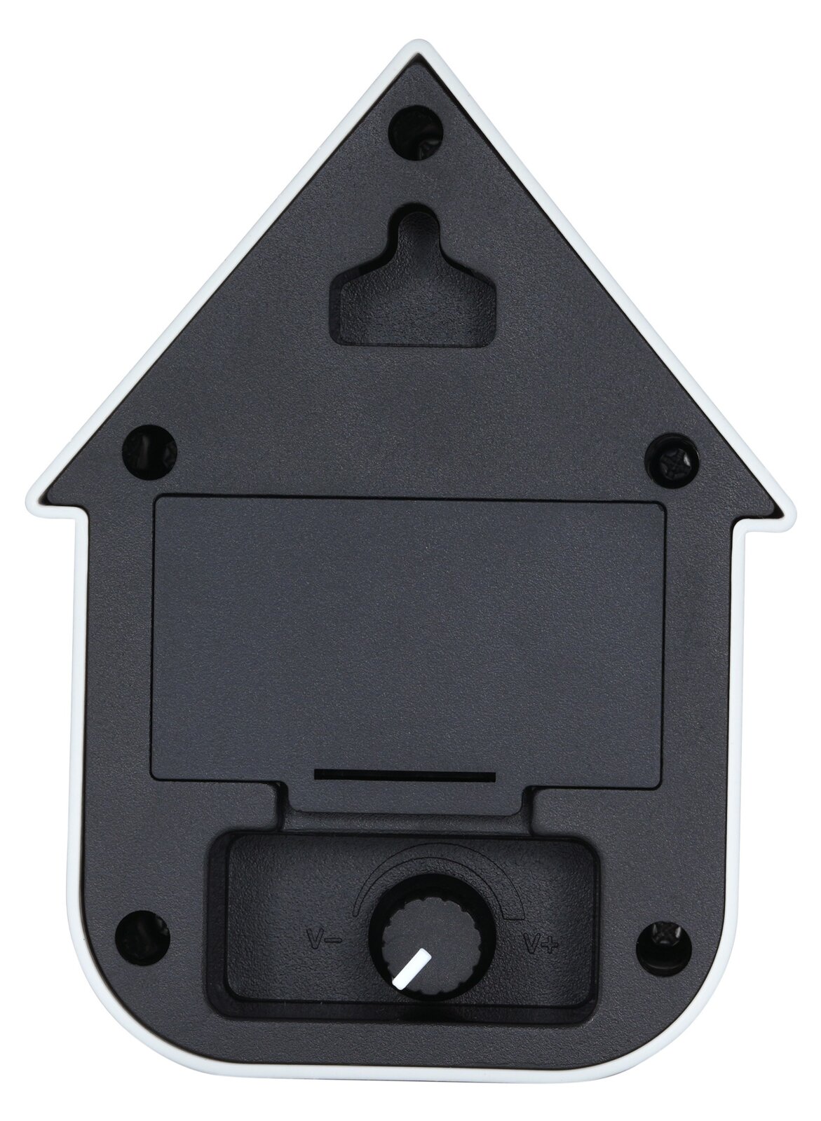 Rückansicht einer modernen roten Ocker-Soundbox in Form eines Hauses mit Lautstärkeregler und Aufhängung.