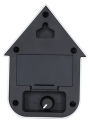 Rückansicht einer modernen roten Ocker-Soundbox in Form eines Hauses mit Lautstärkeregler und Aufhängung.