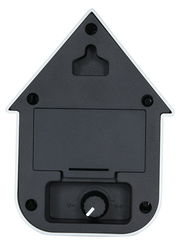 Rückansicht einer modernen roten Ocker-Soundbox in Form eines Hauses mit Lautstärkeregler und Aufhängung.