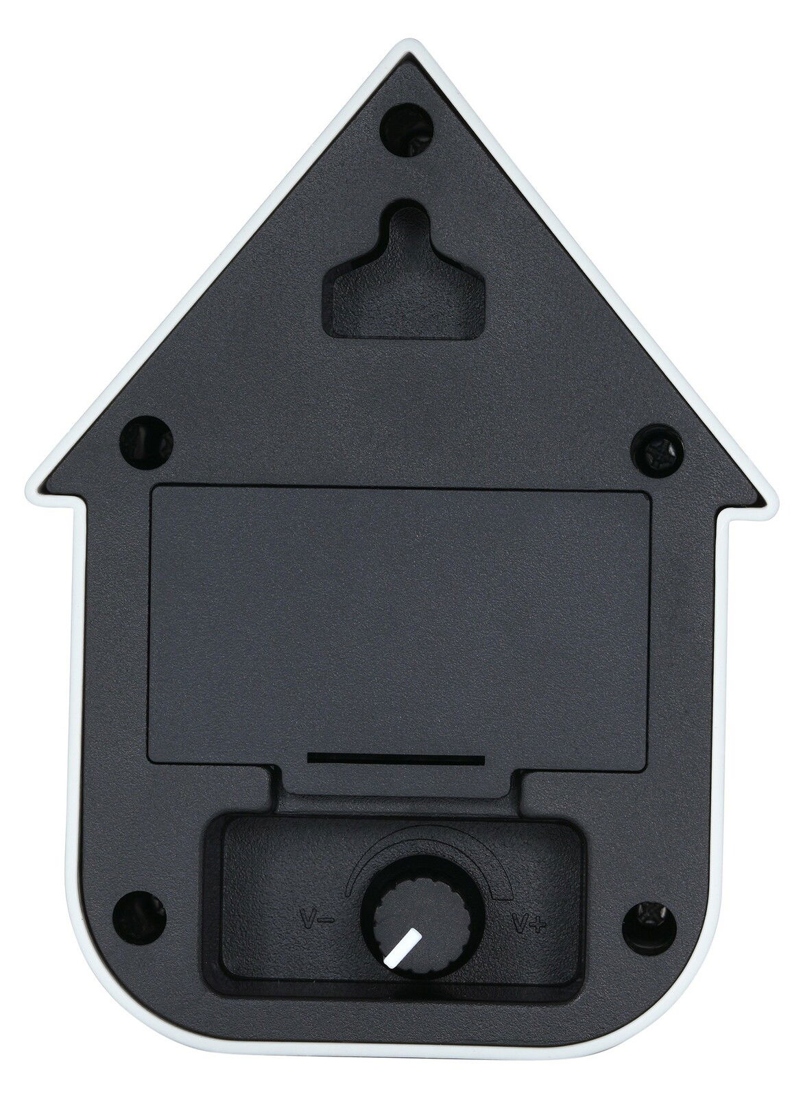 Rückansicht einer modernen roten Ocker-Soundbox in Form eines Hauses mit Lautstärkeregler und Aufhängung.