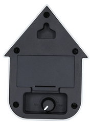Rückansicht einer modernen roten Ocker-Soundbox in Form eines Hauses mit Lautstärkeregler und Aufhängung.