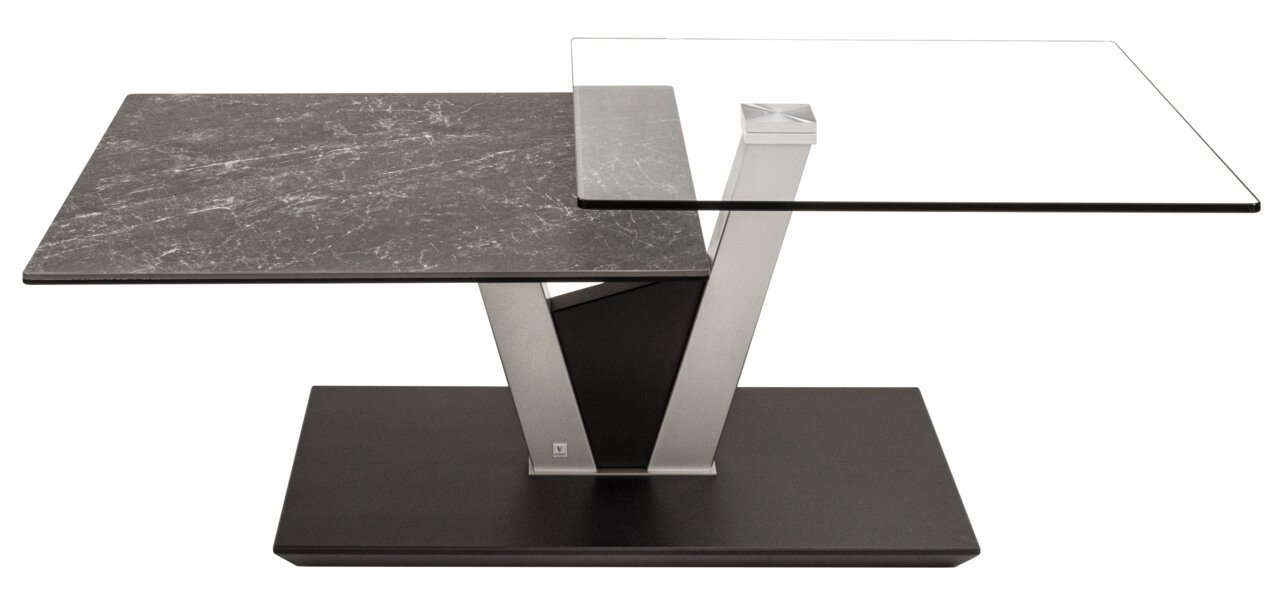 Moderner Couchtisch mit zwei Ebenen, eine aus Glas und eine aus Marmor, in seitlicher Perspektive.