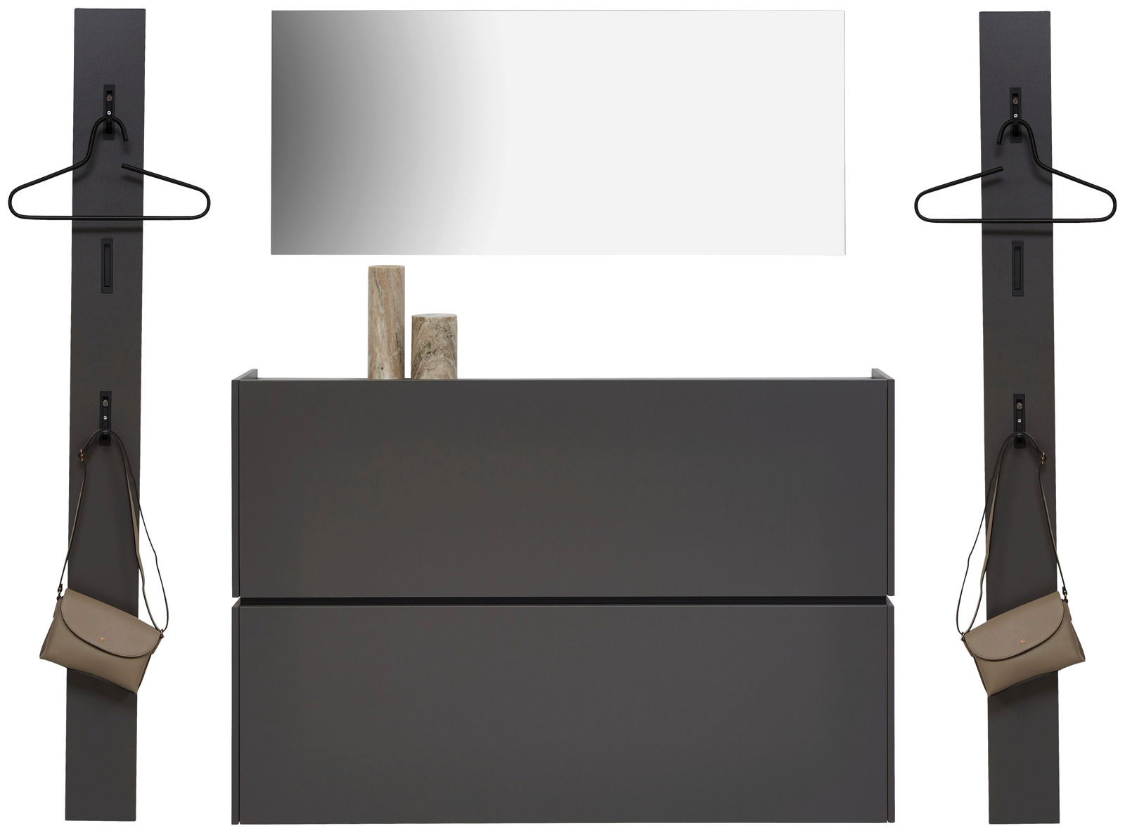 Voleo Garderoben-Set 3 UNIQUE Garderoben-Set in Graphit mit zwei vertikalen Paneelen, einem horizontalen Spiegel und einer Kommode, frontal betrachtet.
