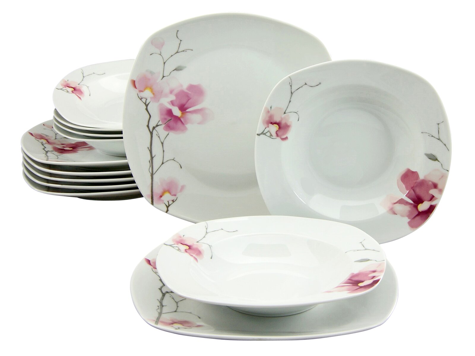 Weißes Porzellan-Tafelservice mit rosa Blütenmotiv, quadratisch abgerundete Teller und Schalen, in schräger Frontansicht (leicht von oben) auf weißem Hintergrund
